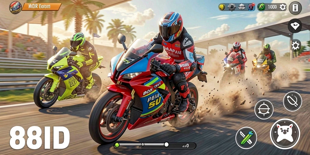 Gameplay seru dengan balapan motor di trek yang menantang.