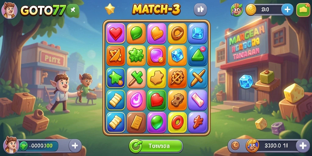 Screenshot gameplay GOTO77 yang menampilkan momen mencocokkan item Match-3.