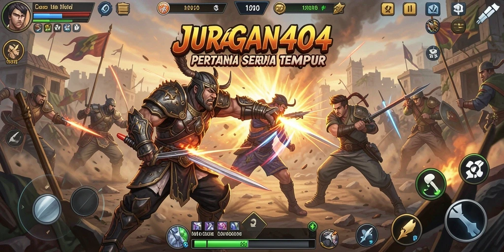 Tangkapan layar utama JURAGAN404 menampilkan aksi pertarungan yang mendebarkan.