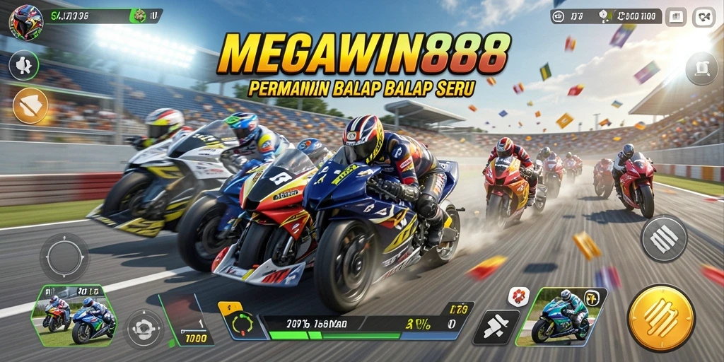 Screenshot utama MEGAWIN888 menampilkan aksi balap yang mendebarkan dengan latar belakang yang indah.