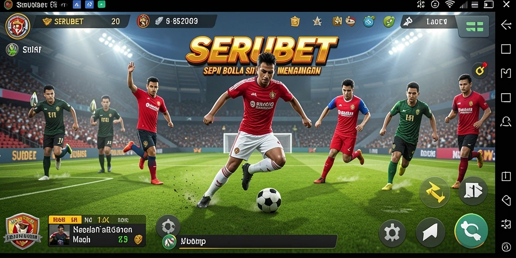 Screenshot gameplay SERUBET menunjukkan aksi seru di lapangan sepak bola.